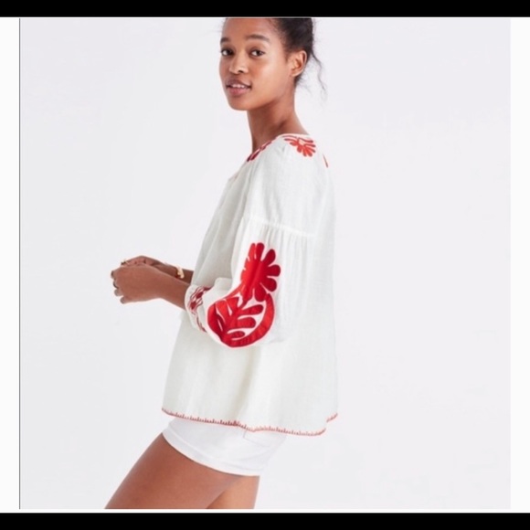 Madewell embroidered white/red boho peasant top - Picture 2 of 6